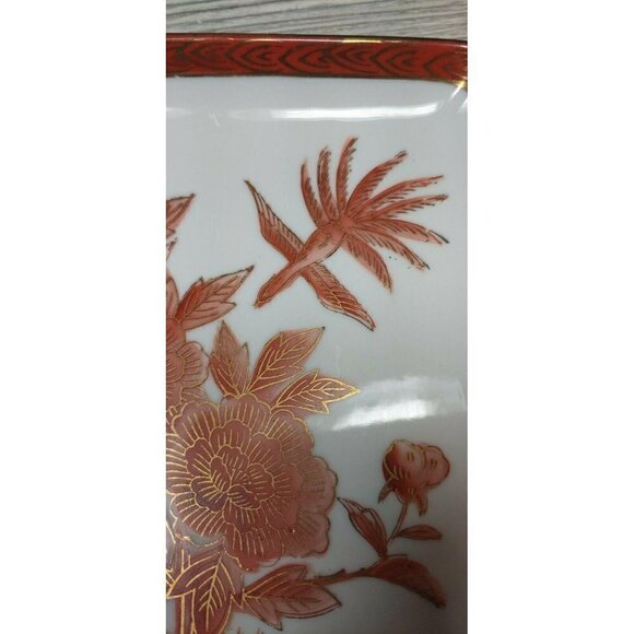 Hand Painted Red Gold Gilt Bird Floral Home Decor Porcelain Square Serving Plate - Picture 8 of 12